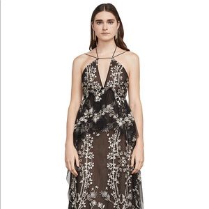 BCBGMAXARIA LETO EMBROIDERED FLORAL HALTER GOWN